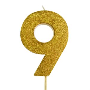 Gold Glitter Number 9 Candle 4"